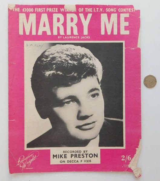 Marry Me vintage sheet music 1960s love song Laurence Jacks Mike Preston ukulele
